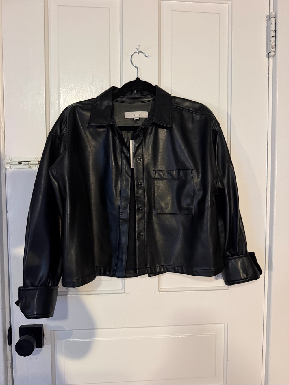 LOFT Black Faux Leather Button-Front Jacket with Chest Pocket